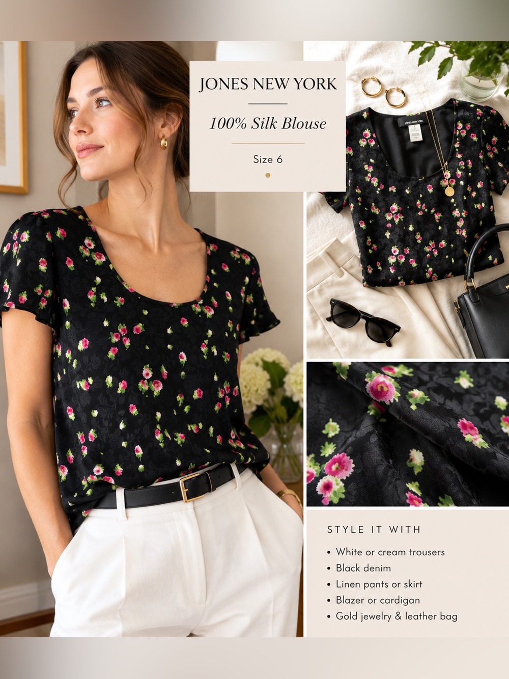 Jones New York 100% Silk Black Floral Scoop Neck Blouse Size 6